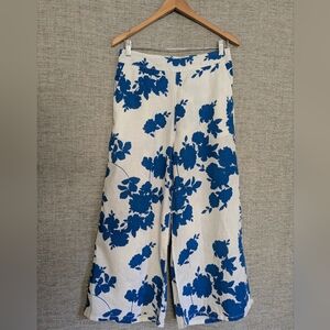 Cynthia Rowley Blue White Floral 100% Linen Wide Leg Crop Pants Med